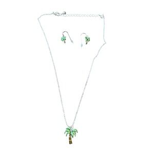 Palm Tree Necklace &‎ Earrings Jewelry Set Silver Tone Green Summer Tropical